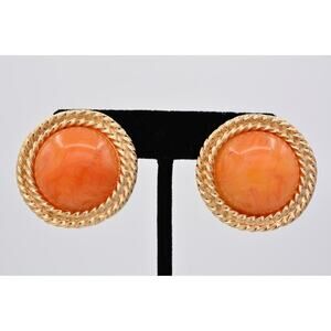 Duplaise Vintage Cabochon Clip On Earrings Orange Glass Chunky Gold Signed BinAZ